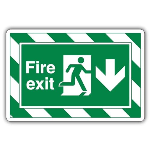 ExtraViz Sicherheitsschild mit Aufschrift "V Safety Fire Exit Arrow Down", 350 x 250 mm, selbstklebendes Vinyl-Sicherheitsschild von VSafety