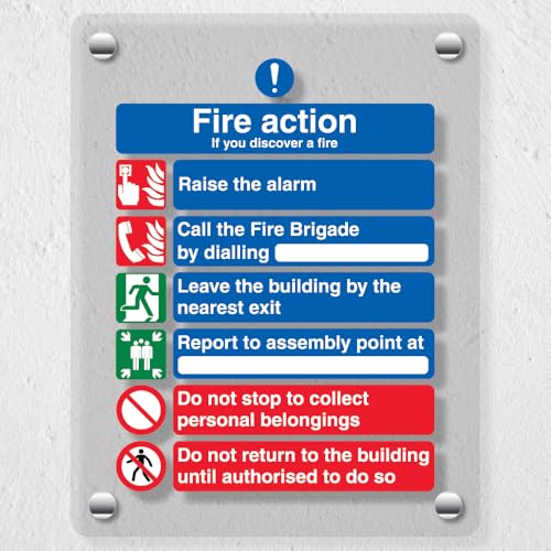 V Safety 6 Point Fire Action – If You Discover A Fire – 300 x 400 mm – Acryl-Plexiglas gegossenes klares Sicherheitsschild von VSafety