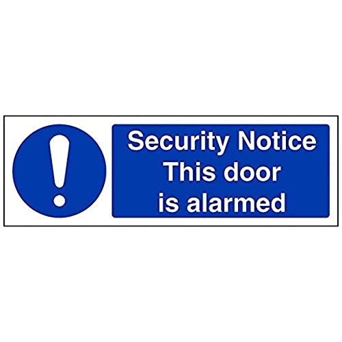 Vsafety 18076AX-S Pflichtzeichen, „Security Notice This Door Is Alarmed“, selbstklebend, Landschaft, 300 mm x 100 mm, blau von VSafety