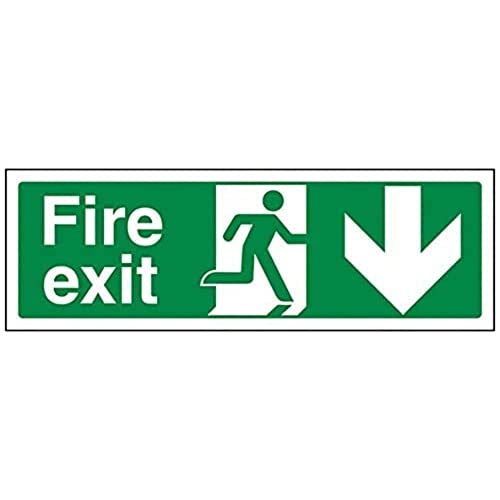 vsafety 14002 ax-s "FIRE EXIT Arrow Down" Zeichen, selbstklebendes Vinyl, Landschaft, 300 mm x 100 mm, grün von VSafety