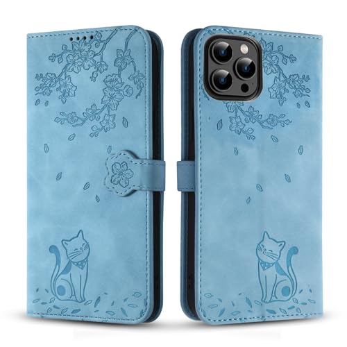 Vaitasy Handyhülle für iPhone 16 Pro, Premium PU Leder Cover mit Magnetic Closure Ständer Schutzhülle für iPhone 16 Pro - Blau Katze von Vaitasy