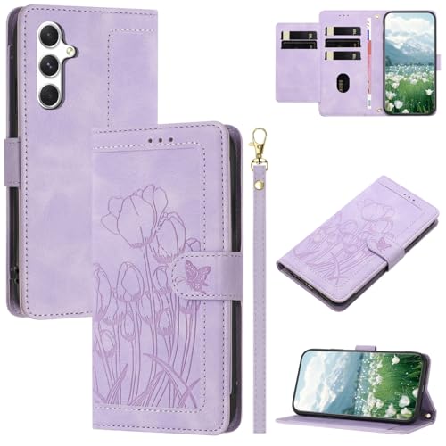 Vaitasy Handyhülle für Samsung Galaxy A35 Magnetverschluss Wallet Mehrere Kartenfächer Hülle Blumenmuster PU Leder Klapphülle für Galaxy A35 Schutzhülle - Lila Tulpe von Vaitasy