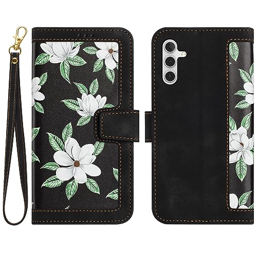 Vaitasy Handyhülle für Samsung Galaxy A55 Magnetverschluss Wallet Mehrere Kartenfächer Hülle Blumenmuster PU Leder Klapphülle für Galaxy A55 Schutzhülle - Schwarz Blüten von Vaitasy