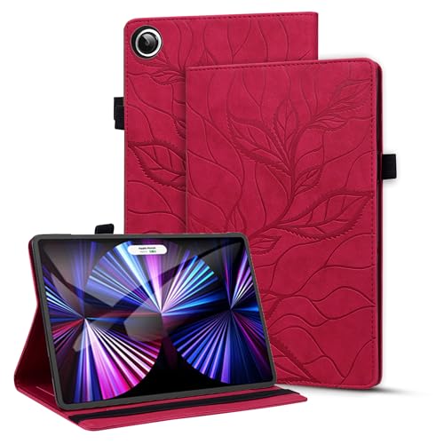 Vaitasy Hülle für Samsung Galaxy Tab A8 10.5 Zoll 2022/2021, Geprägte Blätter PU Leder Hülle mit Flip Book Cover Schutzhülle für Galaxy Tab A8 10.5" SM-X200/X205/X207 - Lebensbaum Rot von Vaitasy