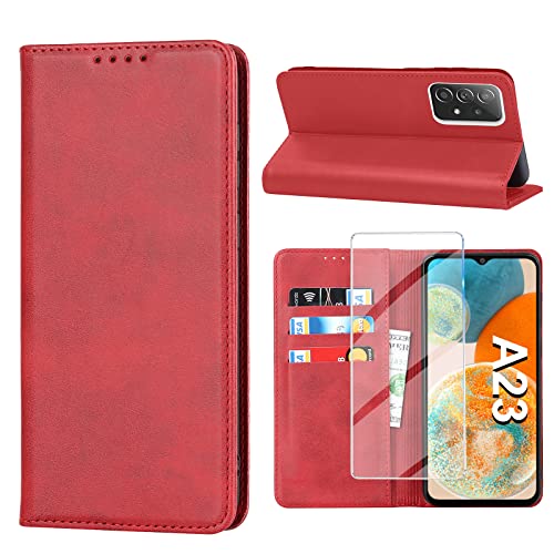 Handyhülle für Samsung Galaxy A23 5G Hülle mit Panzerglas Schutzfolie, Schutzhülle A23 Leder Wallet Kartenfach Standfunktion Stoßfest Klapphülle Hüllen Galaxy A23/M23 5G Case Cover Klappbar (Rot) von Vaki