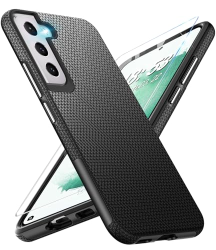 Handyhülle für Samsung Galaxy S22 Plus Hülle mit Schutzfolie, Schutzhülle Galaxy S22 Plus Bumper Stoßfest Case Rutschfester Textur Hard PC Rugged Hüllen Galaxy S22 Plus 5G Cover (Schwarz) von Vaki