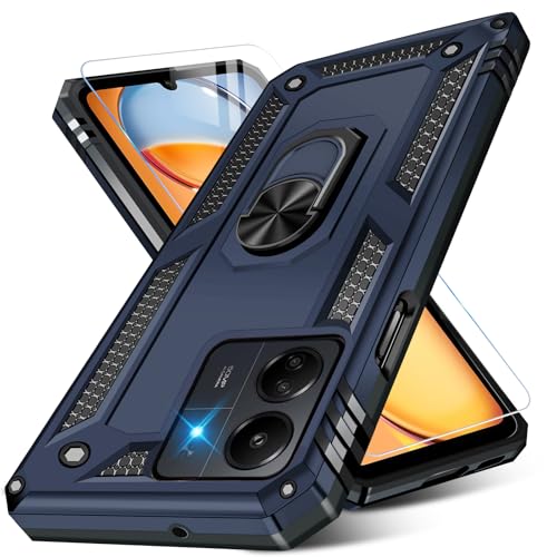 Vaki Handyhülle für Xiaomi Redmi 13C/Poco C65 Hülle mit Schutzfolie, Schutzhülle Redmi 13C 5G mit 360° Metall Ring Ständer Stoßfest Bumper für Xiaomi Poco C65 Case Cover (Blau) von Vaki