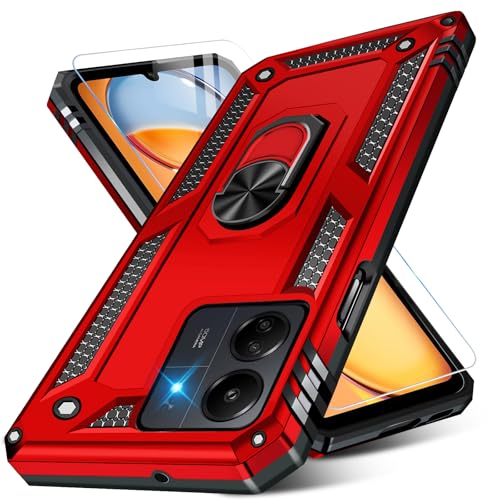 Vaki Handyhülle für Xiaomi Redmi 13C/Poco C65 Hülle mit Schutzfolie, Schutzhülle Redmi 13C 5G mit 360° Metall Ring Ständer Stoßfest Bumper für Xiaomi Poco C65 Case Cover (Rot) von Vaki