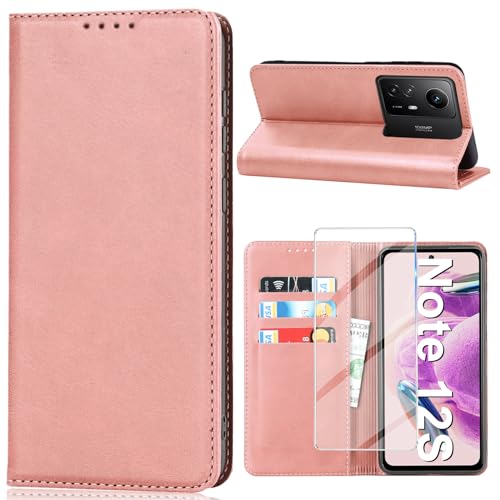 Vaki Handyhülle für Xiaomi Redmi Note 12S Hülle mit Schutzfolie, Schutzhülle Redmi Note 12S PU Leder Wallet Kartenfach Ständer Klapphülle Lederhüllen Case für Xiaomi Redmi Note 12S Tache Cover (Rosa) von Vaki