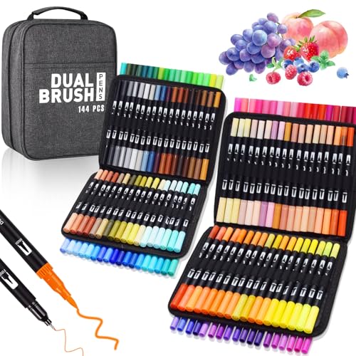 Vakki Dual Brush Pen Set, 144 Farben Filzstifte Filzstifte Dicke Und DüNne Mit Schwarzer Tragetasche, Stifte Set FüR Bullet Journal, Mandala, Manga, MalbüCher, Handlettering FüR Kinder Und Erwachsene von Vakki