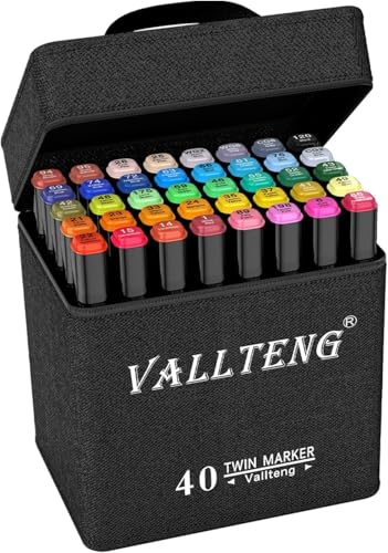 Vallteng Marker Stifte Set,40 Farben Meißel & Feine Twin Tip Alkohol Stifte Set,Filzstifte Set Permanenter Marker für Anfänger,Hervorheben,Skizzieren,Zeichnen, Ausmalen,Manga,mit Tasche und Sockel von Vallteng