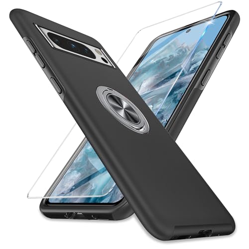 Vanki Handyhülle für Google Pixel 8 Pro Hülle mit Schutzfolie [Magnetisch Ring Ständer] Schutzhülle Case Stoßfest Folie für Google Pixel 8 Pro Robust Bumper Cover Outdoor (Black) von Vanki