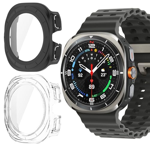 Vanrain Hülle für Samsung Galaxy Watch Ultra, 2 Stück 360° Rundum PC Case mit Schutzfolie Glas Bumper Vollständige Abdeckung Schutzhülle, Schutz Hülle Gehäuse Schwarz+Transparent von Vanrain