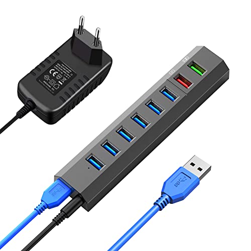 8 Ports Vansuny USB Hub Aktiv 3.0 Mit Netzteil, 6 USB 3.0 Ports FüR Die DatenüBertragung Ultraschnelle üBertragung 5 Gb/s Und 2 USB Ports Zum Schnellen Aufladen von Vansuny