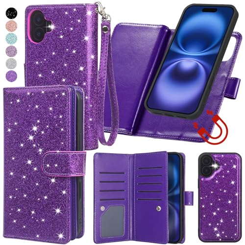 Varikke Kompatibel mit iPhone 16 Plus Wallet Case, Abnehmbare Magnetische Flip Case mit [RFID-Blockierung] Kartenhalter, Kickstand, Handschlaufe, Glitzer PU Leder, 6,7 Zoll, Dunkelviolett von Varikke