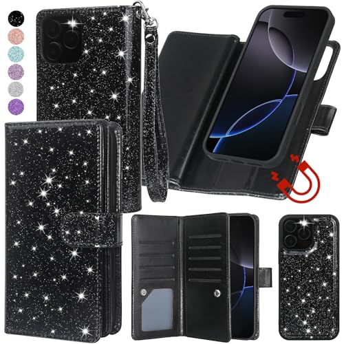 Varikke Kompatibel mit iPhone 16 Pro Wallet Case, Abnehmbare Magnetische Flip Case mit [RFID-Blockierung] Kartenhalter, Kickstand, Handschlaufe, Glitzer PU Leder 6,3 Zoll, Schwarz von Varikke