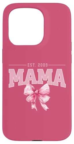 Hülle für iPhone 15 Pro Mama Est 2009 Kokette Rosa Schleife Retro Mama Muttertag von Varsity Mama Collegiate Arched Letters Mom Pink