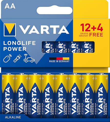 VARTA Batterien AA, 16 Stück, Longlife Power, Alkaline, 1,5V, ideal für Spielzeug, Funkmaus, Taschenlampen, plastikfreie Verpackung, Made in Germany von Varta