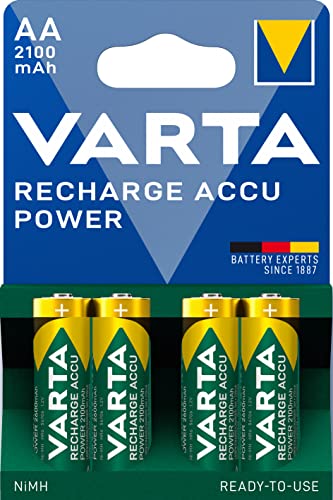 VARTA Batterien AA, wiederaufladbar, 4 Stück, Recharge Accu Power, Akku, 2100 mAh Ni-MH, ohne Memory Effekt, vorgeladen, sofort einsatzbereit von Varta