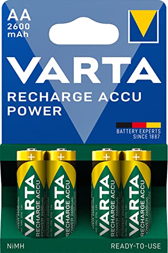 VARTA Batterien AA, wiederaufladbar, Recharge Accu Power, Akku, 2600 mAh Ni-MH, ohne Memory Effekt, vorgeladen, sofort einsatzbereit, 4 Stück,1er Pack von Varta