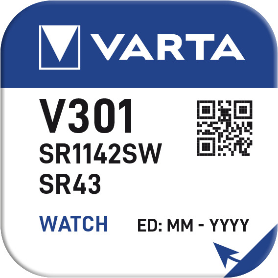 VARTA Silber-Oxid Uhrenzelle, V301 (SR43), 1,55 Volt, von Varta