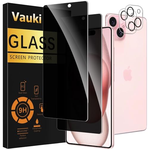 Vauki 2 Stück Sichtschutz Schutzfolie für iPhone 15 mit 2 Kamera Schutzglas,9H Härte Privacy Displayschutzfolie,Privatsphäre Anti-Spy Bläschenfrei Kratzfest Blickschutzfolie für iPhone 15 von Vauki