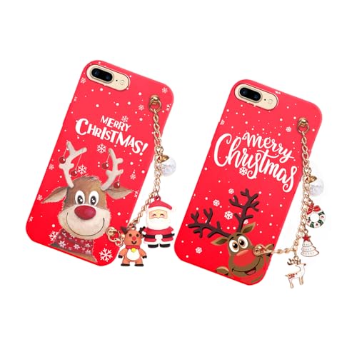 Vauki 2 Stück Weihnachten Hülle mit Kette für iPhone 8 Plus/iPhone 7 Plus, Rot Silikon Case mit Handykette und Muster Cartoon, Christmas Hirsch Handyhülle Stoßfest Ultra Dünn Geschenke, Elk 03 von Vauki