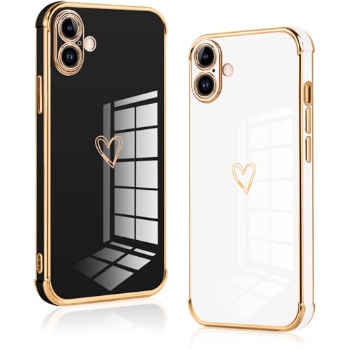 Vauki 2 Stück für iPhone 16 6.1" Hülle, Weich TPU Silikon Handyhülle Coeur Herz Motiv Schutzhülle Kameraschutz Stoßfest Bumper Case Jungen und Mädchen Aesthetic Cute Cover für iPhone16, Schwarz & Weiß von Vauki