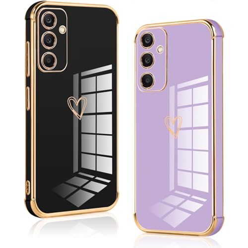 Vauki 2 Stück für Samsung Galaxy A55 Hülle, Silikon Handyhülle TPU Herz Motiv Schutzhülle Kameraschutz Stoßfest Bumper Case - Jungen und Mädchen Love Cover für Samsung A55, Black and Purple von Vauki