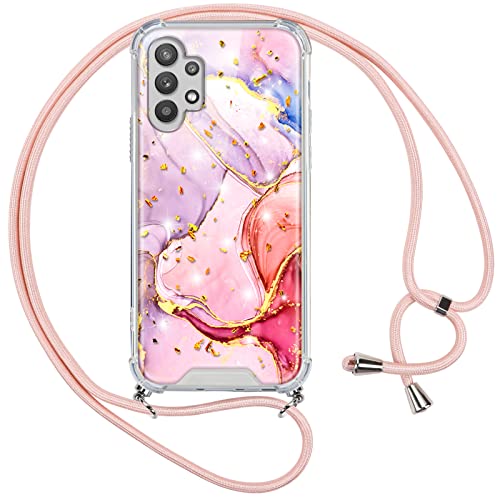 Vauki Handykette Hülle für Samsung Galaxy A32 4G, Necklace mit Marmor Glitzer Handyhülle mit Band Transparent Silikon Kordel zum Umhängen Schutzhülle mit Schnur Case für Samsung A32 4G 6,4",Roségold 1 von Vauki