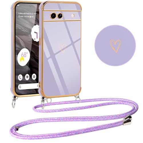 Vauki Handykette für Google Pixel 7a Hülle mit Band, Handyhülle mit Kette, Herz Motiv, Ultra Dünn Stoßfeste Aesthetic Case mit Kordel zum Umhängen für Pixel 7a 6.1", Lila von Vauki