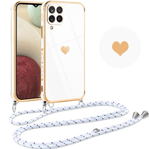 Vauki Handykette für Samsung Galaxy A12/M12/A12 Nacho Hülle mit Band,Herz Love Muster Galvanik Silikon Handyhülle mit Kette Necklace Schutzhülle zum Umhängen Kordel TPU Stoßfest Bumper Case, Weiß von Vauki