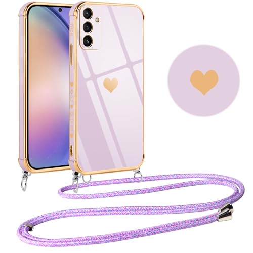 Vauki Handykette für Samsung Galaxy A54 5G Hülle mit Band,Herz Love Muster Galvanik Silikon Handyhülle mit Kette, Schutzhülle zum Umhängen Kordel TPU Stoßfest Bumper Case für Samsung A54 5G, Lila von Vauki