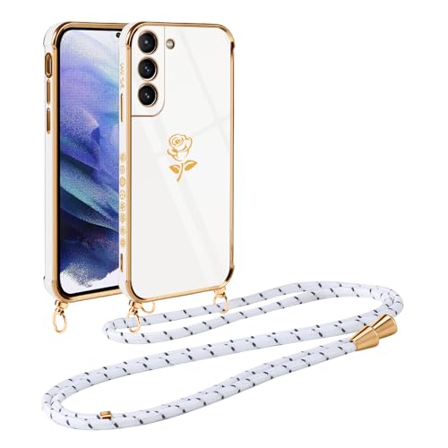 Vauki Handykette für Samsung Galaxy S21 Plus 5G Hülle mit Band, Handyhülle mit Kette, Rosen Motiv, Ultra Dünn Stoßfeste Aesthetic Case mit Kordel zum Umhängen für Samsung S21+, Weiß von Vauki