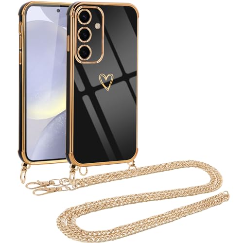 Vauki Handykette für Samsung Galaxy S24 Plus Hülle mit Band, Handyhülle mit Kette, Herz Motiv, Ultra Dünn Stoßfeste Aesthetic Case mit Kordel zum Umhängen für Samsung S24+, Goldene Metallkette von Vauki