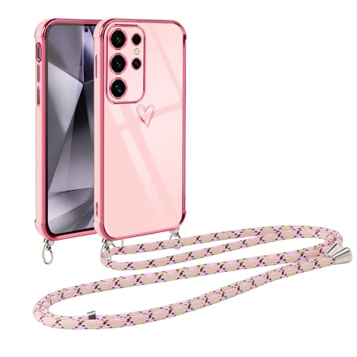 Vauki Handykette für Samsung Galaxy S24 Ultra Hülle mit Band, Handyhülle mit Kette, Herz Motiv, Ultra Dünn Stoßfeste Aesthetic Case mit Kordel zum Umhängen für Samsung S24Ultra, Rosa von Vauki