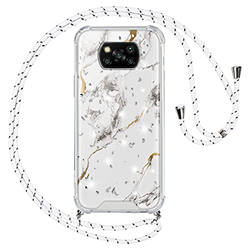 Vauki Handykette für Xiaomi Poco X3 NFC/X3/X3 Pro Hülle mit Band,Silikon Durchsichtig Marmor Glitzer Motiv Transparent Stoßfest Bumper mit kette Kordel zumHandyhülle für Xiaomi Poco X3 NFC/X3 Pro,Weiß von Vauki