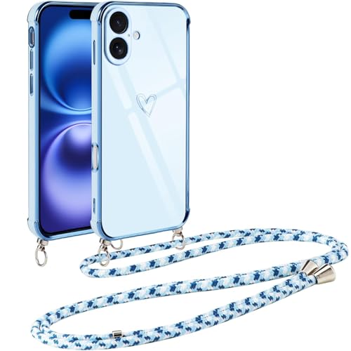 Vauki Handykette für iPhone 16 Hülle mit Band, Handyhülle mit Kette, Herz Motiv, Ultra Dünn Stoßfeste Aesthetic Case mit Kordel zum Umhängen für iPhone16 6.1", Blau von Vauki