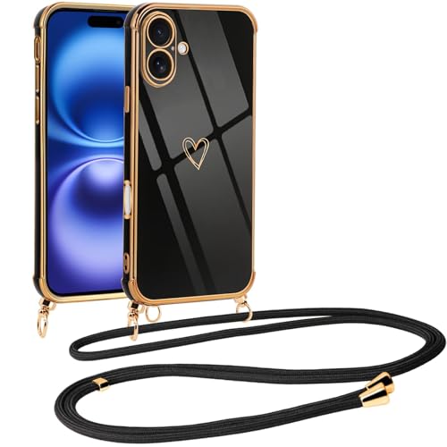 Vauki Handykette für iPhone 16 Hülle mit Band, Handyhülle mit Kette, Herz Motiv, Ultra Dünn Stoßfeste Aesthetic Case mit Kordel zum Umhängen für iPhone16 6.1", Schwarz von Vauki