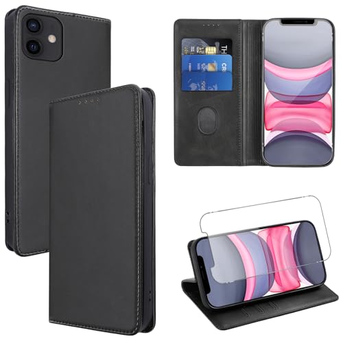 Vauki Hülle Leder für iPhone 11 Handyhülle mit 1 Schutzfolie, Standfunktion Kartenfach Wallet Schutzhülle Flip Case Cover Stoßfeste Klapphülle für iPhone 11 6.1",Schwarz von Vauki