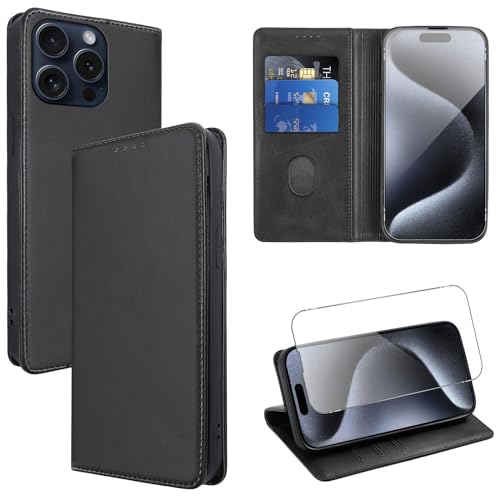 Vauki Hülle Leder für iPhone 15 Pro Handyhülle mit 1 Schutzfolie, Standfunktion Kartenfach Wallet Schutzhülle Flip Case Cover Stoßfeste Klapphülle für iPhone 15 Pro 6.1",Schwarz von Vauki