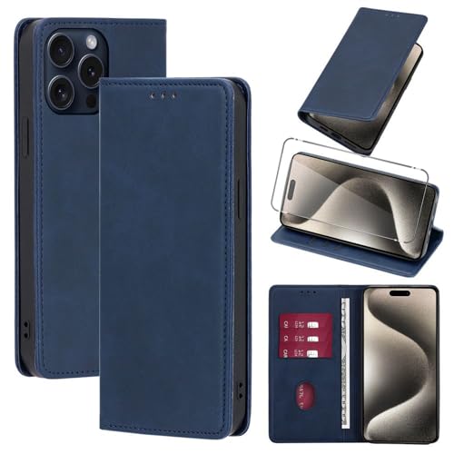 Vauki Hülle Leder für iPhone 15 Pro Max Handyhülle mit 1 Schutzfolie, Standfunktion Kartenfach Wallet Schutzhülle Flip Case Cover Stoßfeste Klapphülle für iPhone 15 Pro Max 6.7",Blau von Vauki