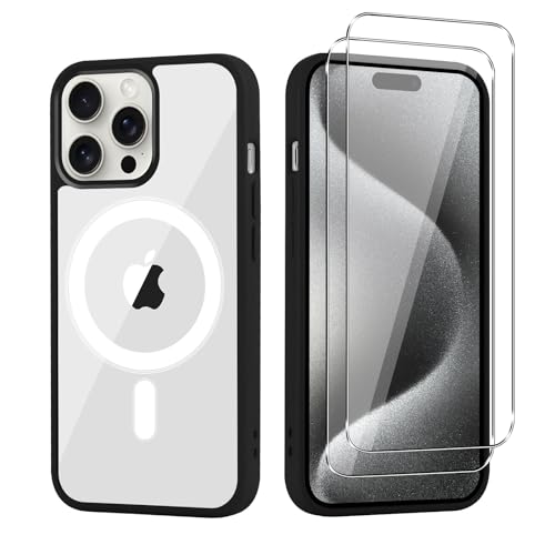 Vauki Hülle Magnetische Durchsichtig für iPhone 15 Pro Max Kompatibel mit MagSafe mit 2 Stück für Schutzfolie Stoßfeste Transparent Cover, Harte PC Back und Silicone TPU Edge,Schwarz von Vauki