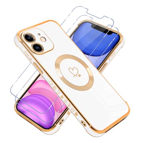 Vauki Hülle für iPhone 11 Kompatibel mit MagSafe mit 2 Schutzfolie Handyhülle mit Herz Motiv Muster Weiche TPU Silikon Mädchen Case Magnetisch Schutzhülle Cover für iPhone 11 6.1",weiß von Vauki