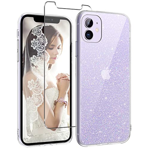 Vauki Hülle für iPhone 11 mit 1 Stück Schutzfolie Handyhülle Silikon TPU Glitzer Bling Durchsichti mit Motiv Transparente Case Stoßfeste für iPhone 11 von Vauki