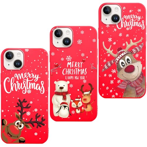 Vauki Weihnachten Hülle[3 Stück] für iPhone 14/iPhone 13,Rot Weich Silikon TPU Stoßfest Slim Handyhülle mit Elch Geschenke Weihnachten Frauen Schutzhülle Christmas Case für iPhone 14 6.1",Hirsch von Vauki