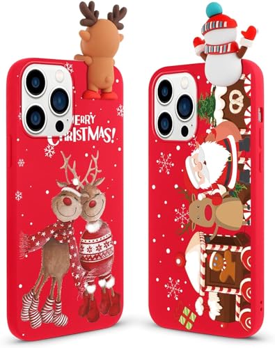 Vauki Weihnachten Hülle für iPhone 15 Pro Max [2 Stück],Rot Weich Silikon Stoßfest Handyhülle mit Cartoon Hirsch Puppe Muster und Weihnachtsmann Motiv Case,Christmas Design Frauen Mädchen Schutzhülle von Vauki