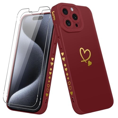 Vauki für iPhone 16 Pro 6.3" Hülle mit Schutzfolie 2 Stück, Herz Motiv Handyhülle Ultra Dünn Weich Silikon Stoßfest Kratzfest Schutzhülle, Love Muster Frauen Protective Case for iPhone 16Pro, Rot von Vauki