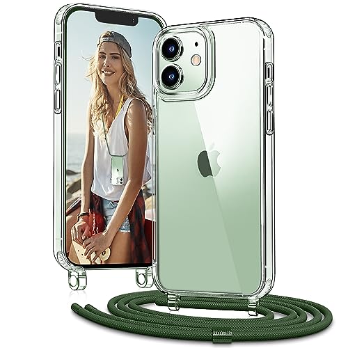 Vaykwo Handykette mit Band für Apple iPhone 12 Mini Hülle - Necklace Handyhülle - Transparente Case zum Umhängen mit Kameraschutz und Bildschirmschutz - DunkelGrün von Vaykwo