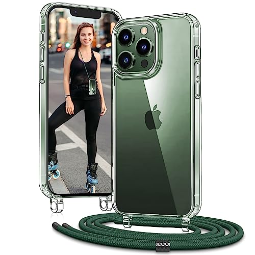 Vaykwo Handykette mit Band für Apple iPhone 13 Pro Hülle - Necklace Handyhülle - Transparente Case zum Umhängen mit Kameraschutz und Bildschirmschutz - DunkelGrün von Vaykwo